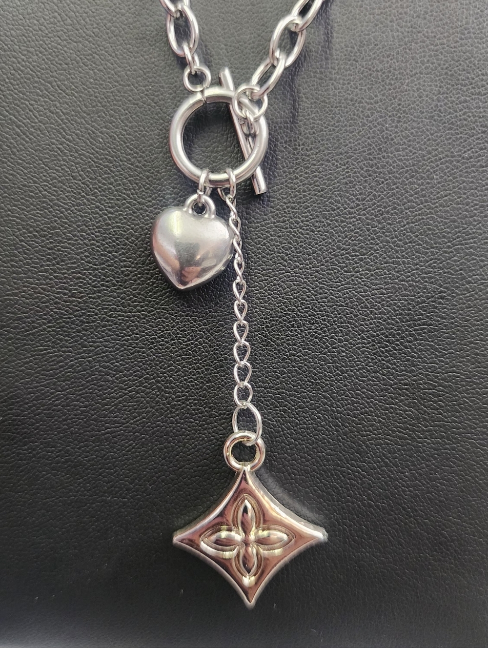 Fancy Fleur Heart Charm White Gold Plated Toggle Necklace